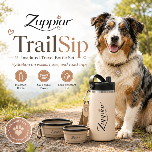 Zuppiar™ TrailSip Insulated Pet Travel Water Bottle Set – Portable Dog Bottle & Collapsible Bowls