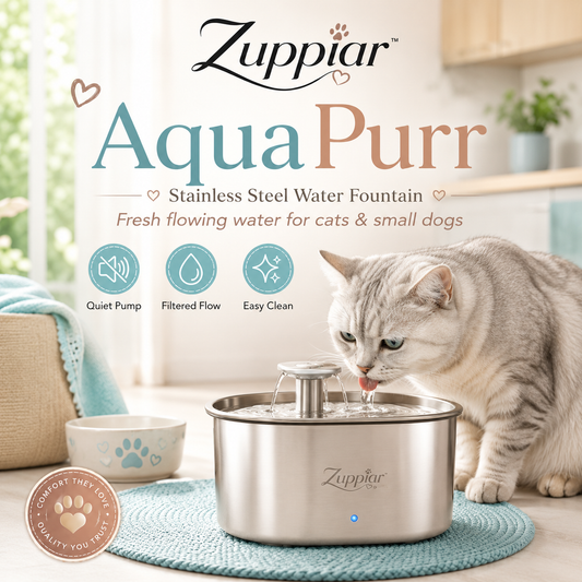 Zuppiar™ AquaPurr Stainless Steel Cat & Dog Water Fountain – Quiet Indoor Pet Drinking Station
