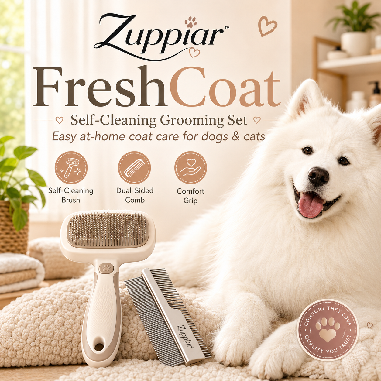 Zuppiar™ FreshCoat Self-Cleaning Pet Grooming Brush Set – Dog & Cat Deshedding Tools