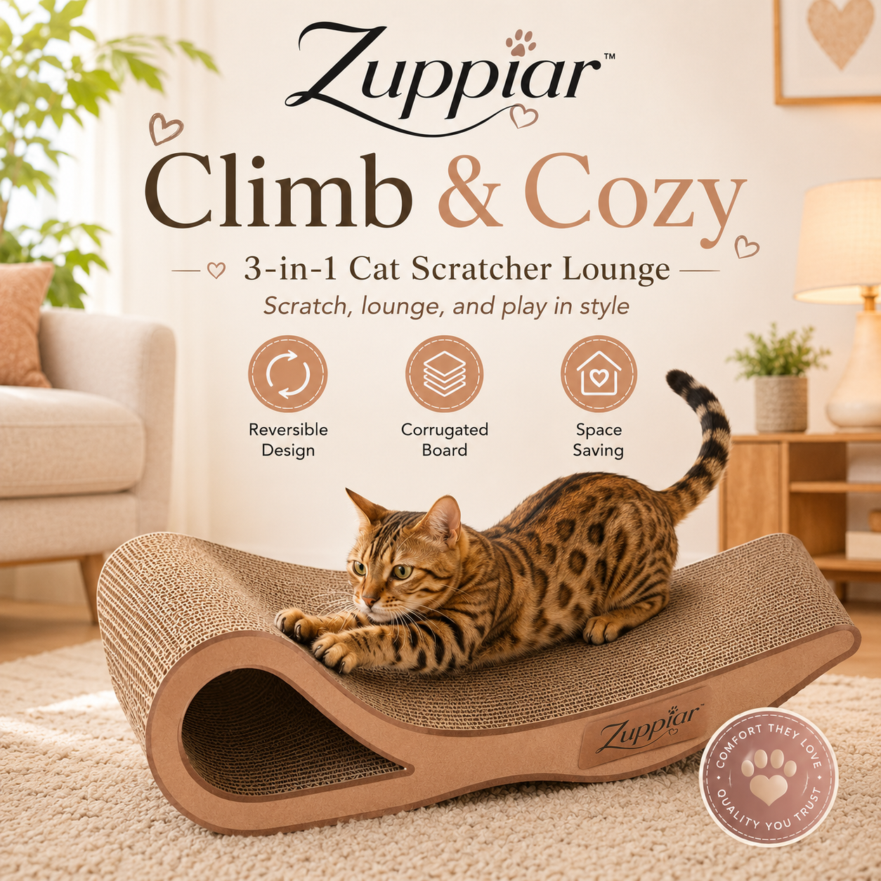 Zuppiar™ Climb & Cozy 3-in-1 Cat Scratcher Lounge – Cardboard Bed & Play Tunnel